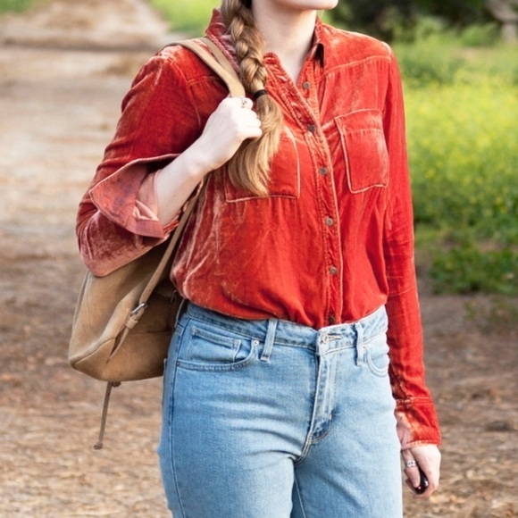 Anthropologie Holding Horses Rust Orange Crushed Velvet Silk Button Down Size S - Picture 11 of 15